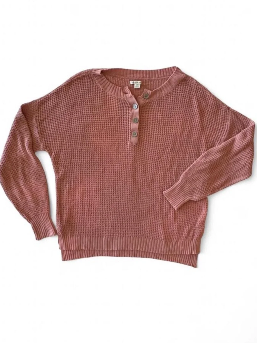 American Eagle Waffle Knit Henley Sweater Pink Long Sleeve Casual Small